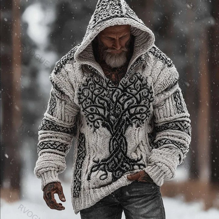 Mens Printed Hooded Knitted Sweatshirt Top