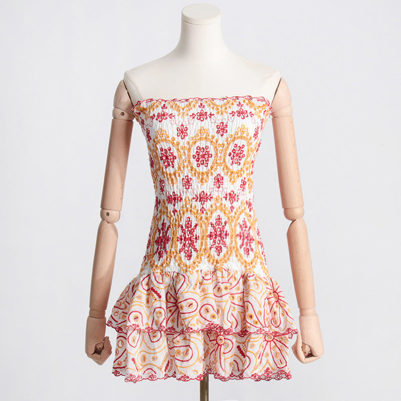 Y2K Tube Top Pleated Dress Ins Fashion Print A-Line Short Dresses For Beach Party Clothing Women