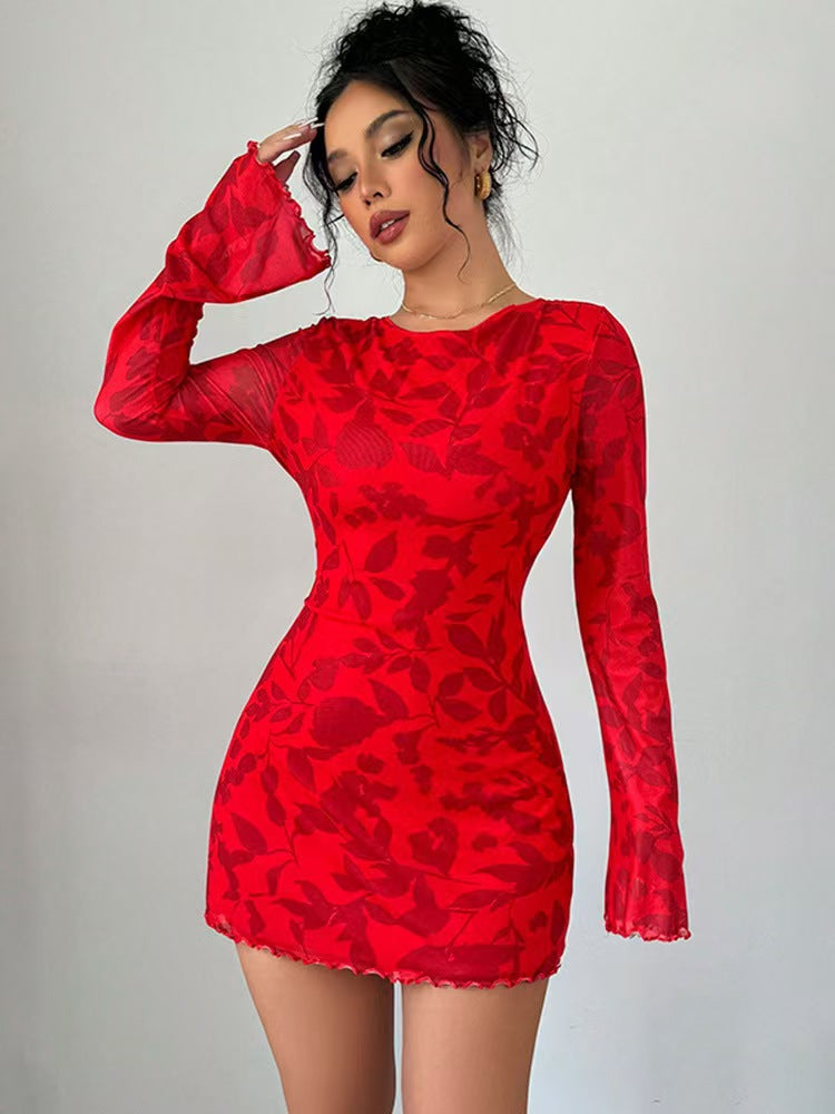 Casual, Versatile Waist-cinching Dress With A Red Floral Print