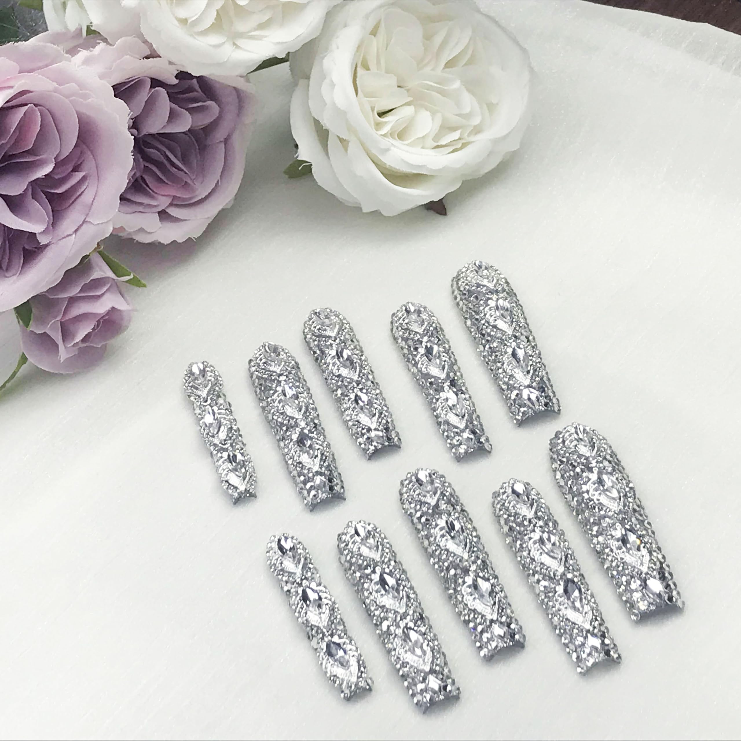GGddsha Queen Of Haute Style Full Diamond Long NailsPMMA Acrylic Handmade Full Deluxe 3D Crystal Fake Nailsw Box, Gift For Women,Luxe Divinity