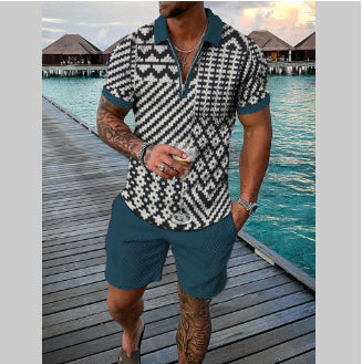 Men's Summer Fashion 3D Printed Short Sleeve Geometric Zip Lapel Shirt Set