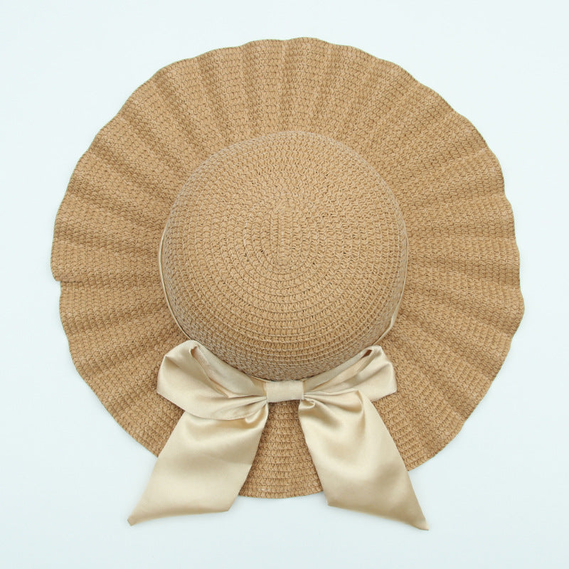 Wide-Brimmed Holiday Beach Hat With Shell Pattern Big Bow