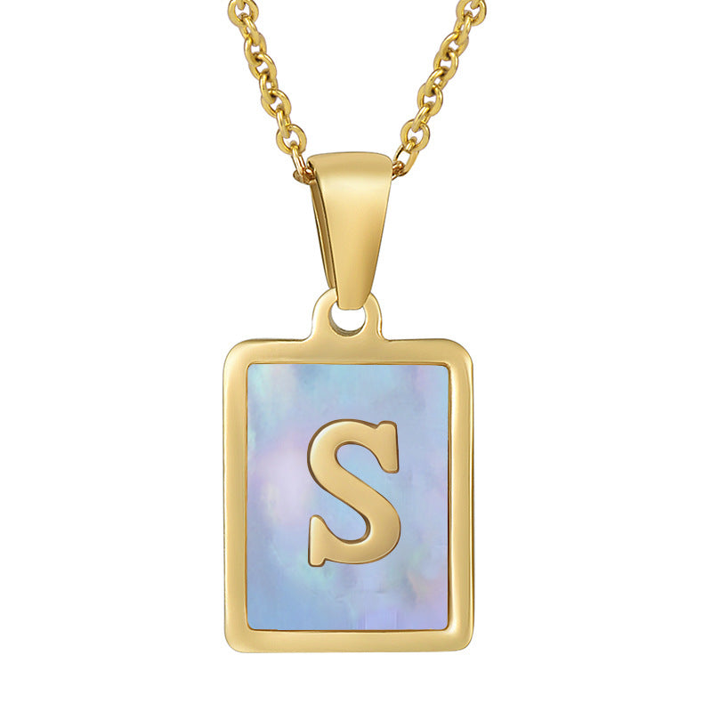 Titanium Steel 26 English Letter Necklace Blue Shell