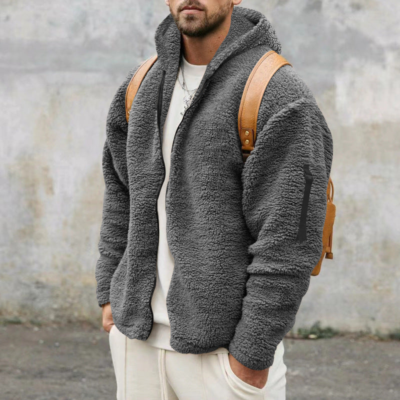 Plush Hooded Jacket Men's Autumn And Winter Fleece Double-Sided Wear Warm Coat With Zipper Loose Casual Jacket Outdoor Clothing