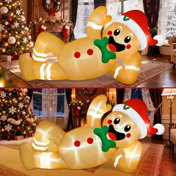 10FT Christmas Inflatables Outdoor Decorations, Giant Lying Gingerbread Inflatable With Built-in LED Lights Xmas Blow Up Yard Decoration For Holiday Party Garden Lawn Roof Outdoor Decor