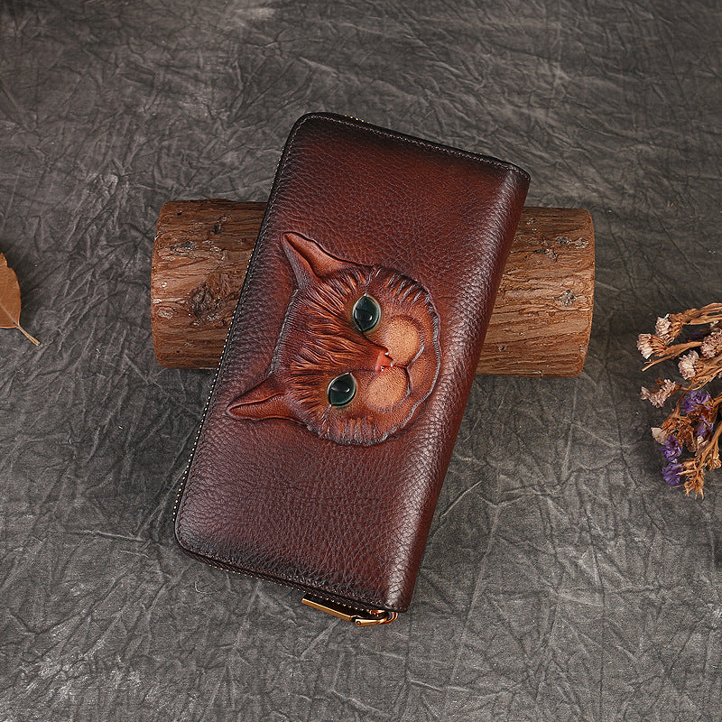 Genuine Leather Coin Purse Cat Embossed Multi-Card-Slot Card Holder Design Sense