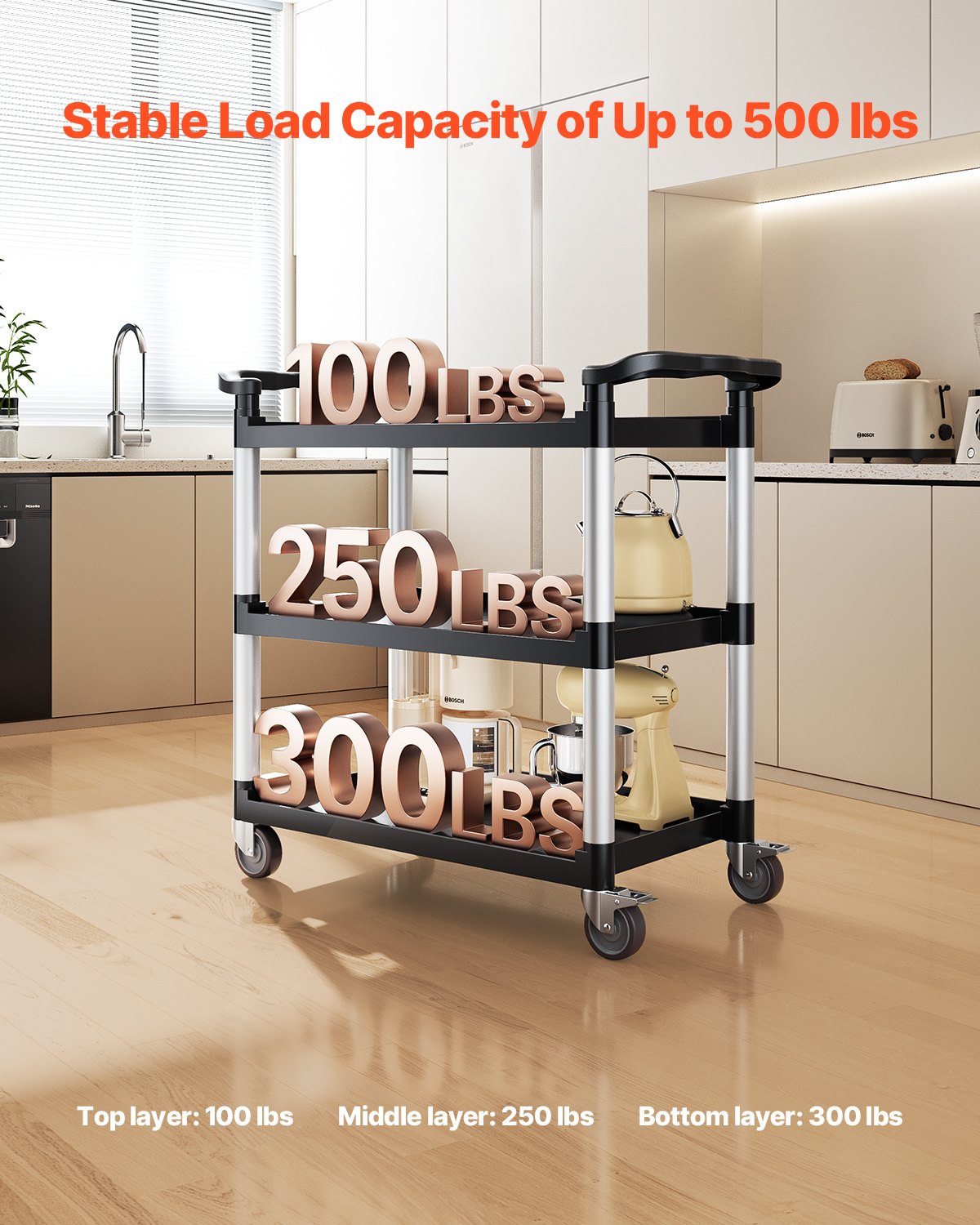 Heavy Duty Utility Cart 500 Lbs Capacity 3-Tier Service Cart With Wheels
