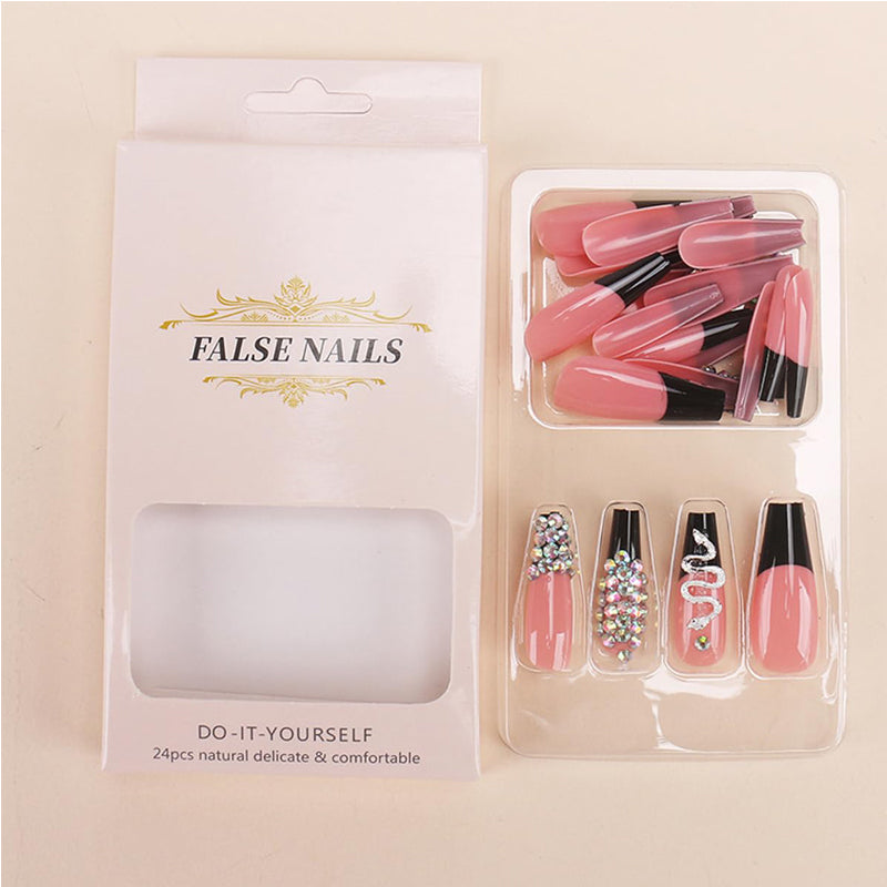 24 PCS Diamond Snake Nail Art, Long Length Long Water Pipe Fake Nails,Square Head Nail Tips False Nail