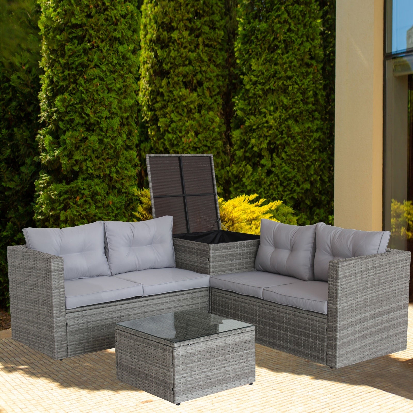 4Pc Patio Sectional Wicker Rattan Sofa Set W  Storage Box Grey