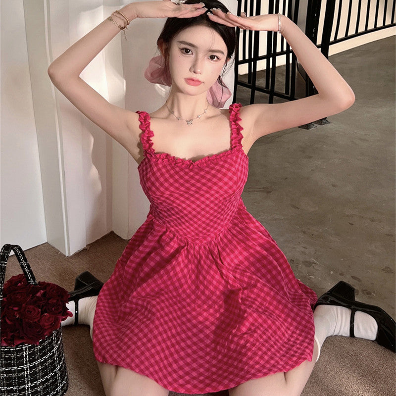 Women's Summer Plaid Fungus Suspender Dress