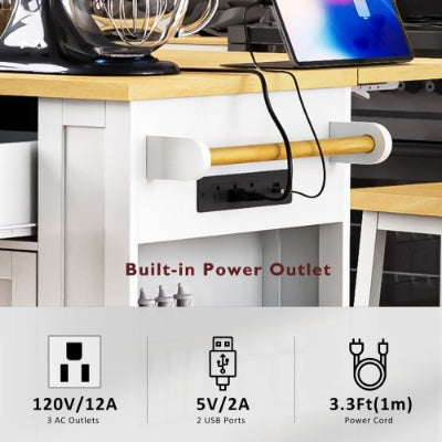 Large Kitchen Island With 2 Bar Stools, Power Outlet, Door Internal Storage Rack, Kitchen Storage Cart On 5 Wheels With Drop Leaf, 5 Open Side Racks, 2 Drawers,for Kitchen,Dining Room