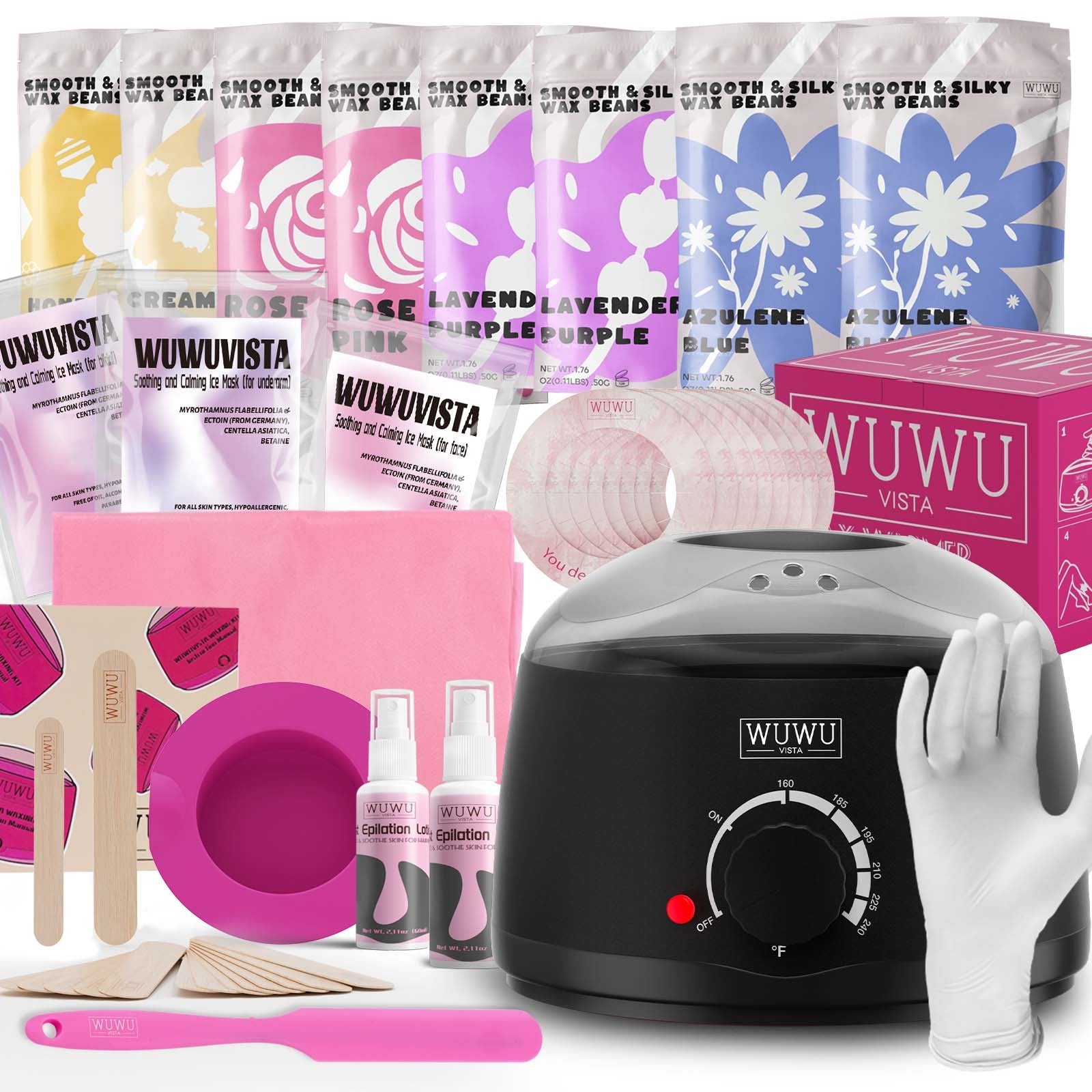 Waxing Kit WUWUVISTA 69 Items Hair Removal Wax Kit With Wax Warmer Waxing Beads For Face, Brazilian, Full Body, Bikini, Sensitiive Skin Skin Suitable For Plugs Of American, European Specification