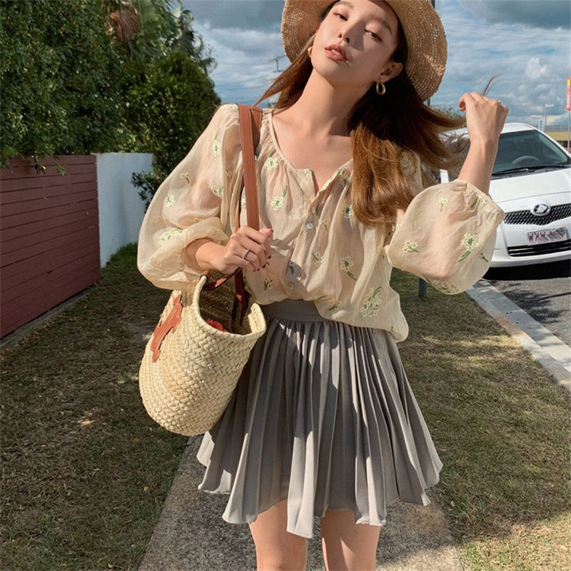 Women's 3D Embroidered Nude Beige Blouse