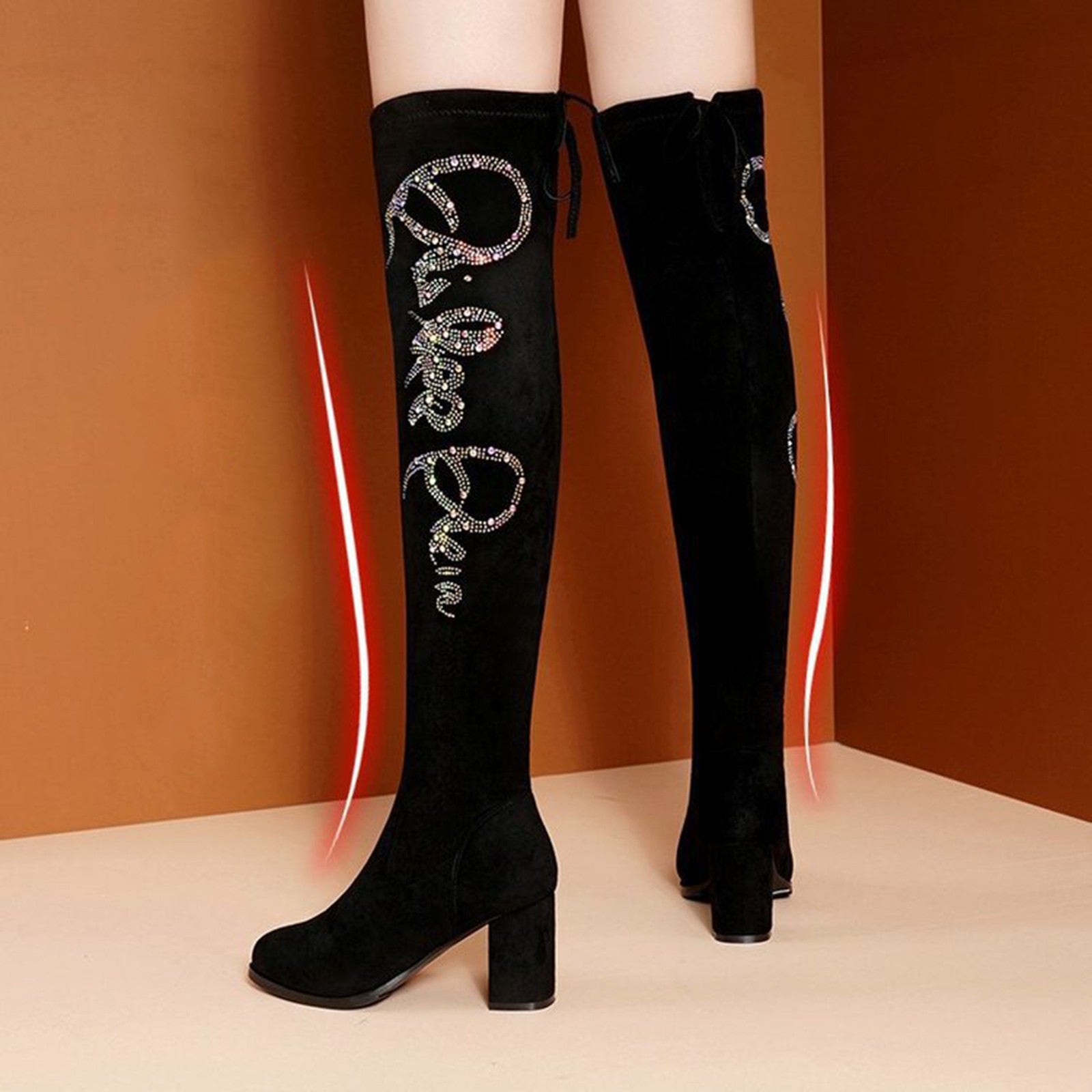 Autumn And Winter Round Toe Rhinestone High Heel Boots