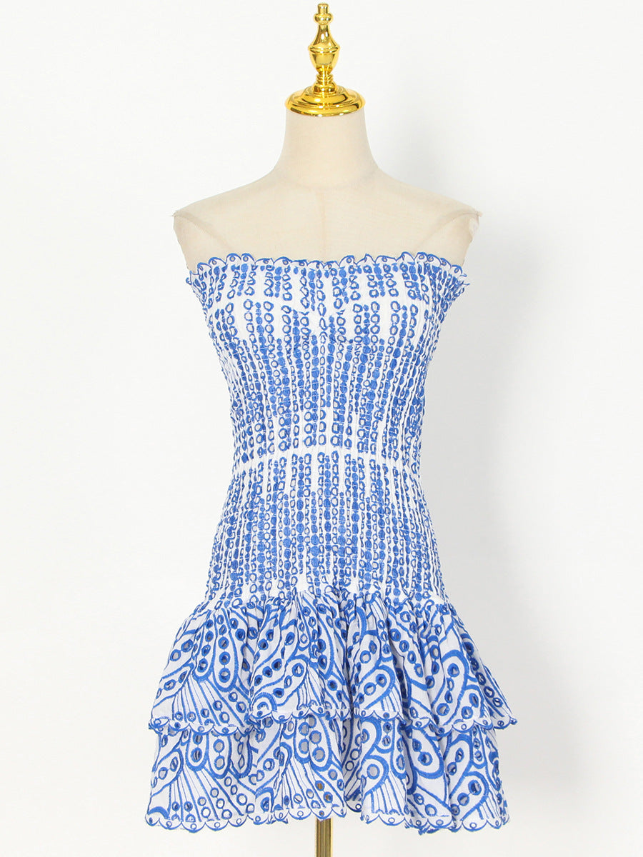 Y2K Tube Top Pleated Dress Ins Fashion Print A-Line Short Dresses For Beach Party Clothing Women