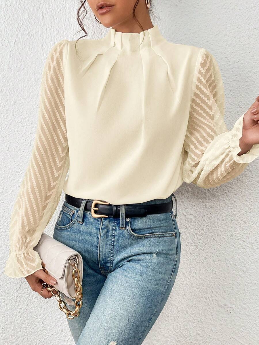 Women's Half-Turtleneck Stitching Wavy Chiffon Long-Sleeved Top