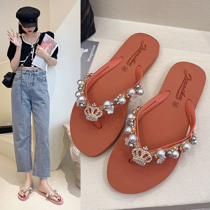 Pearl Crown Rhinestone Flip-Flops