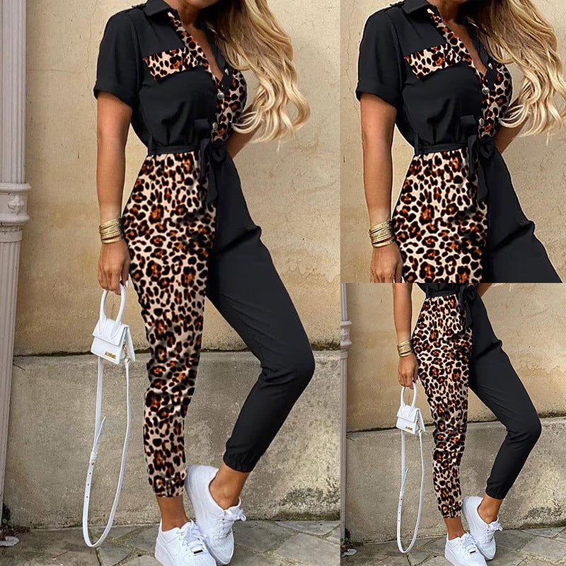 Casual Lapel Belt Printed Work Overalls