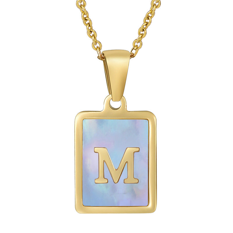 Titanium Steel 26 English Letter Necklace Blue Shell