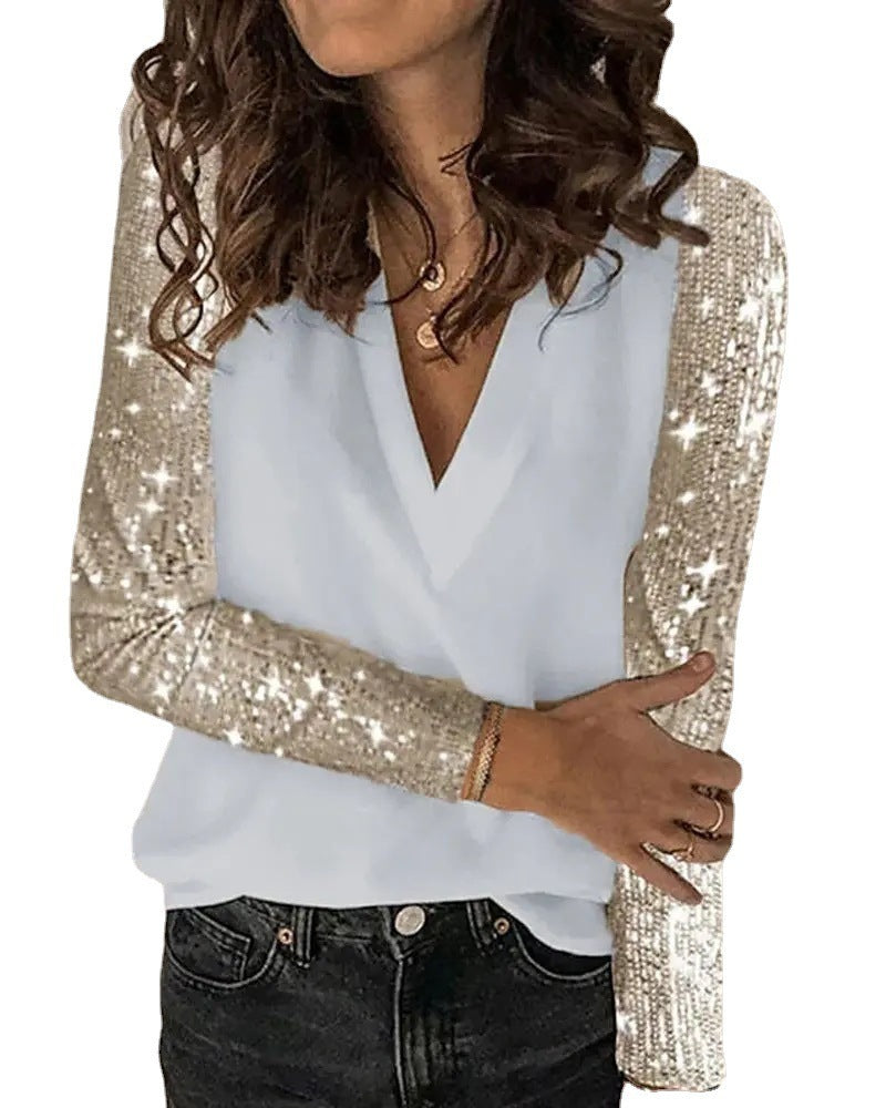 Sequined Stitching Long-Sleeved Loose V-Neck Pullover Shirt