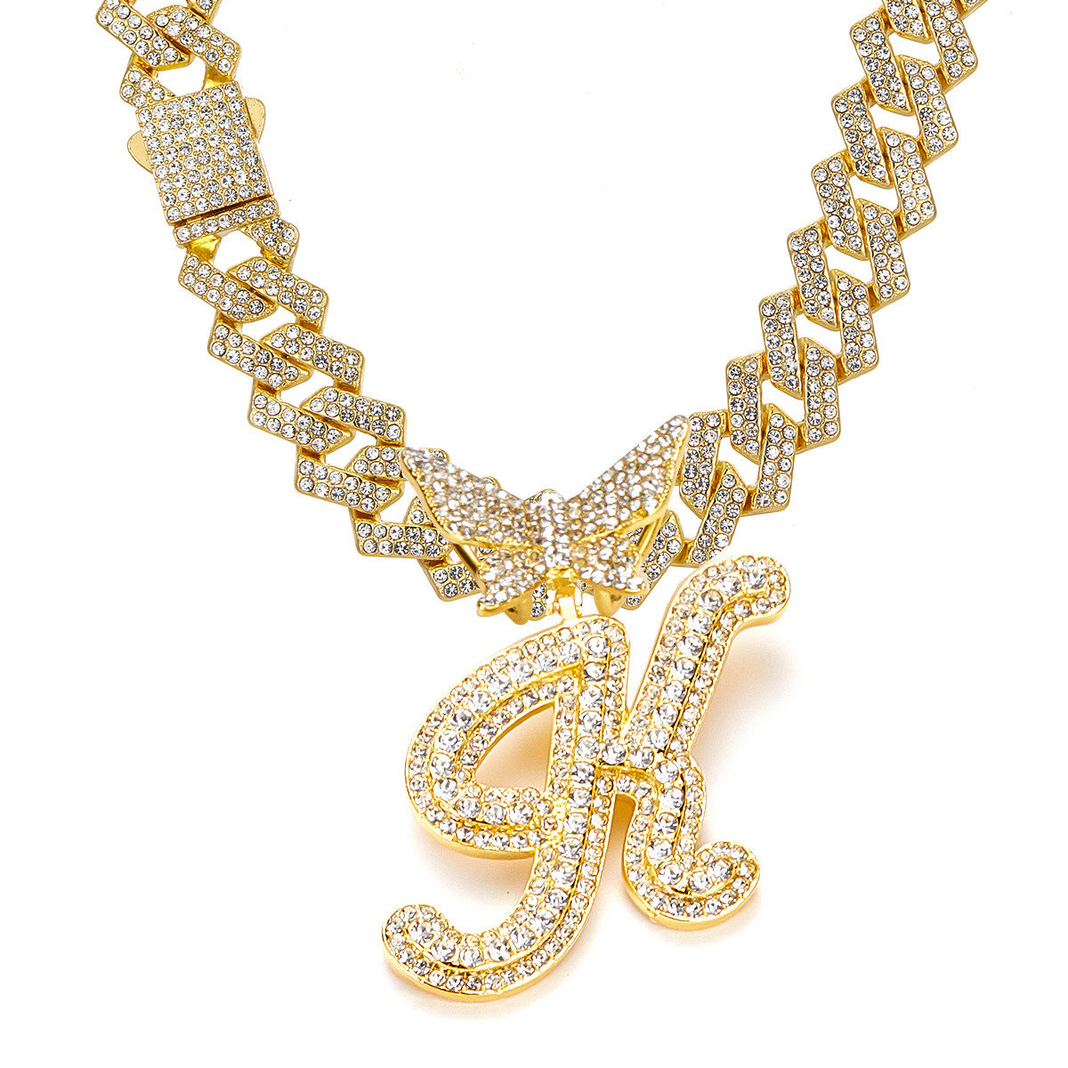 English Letter Alloy Rhinestone Pendant Necklace Butterfly