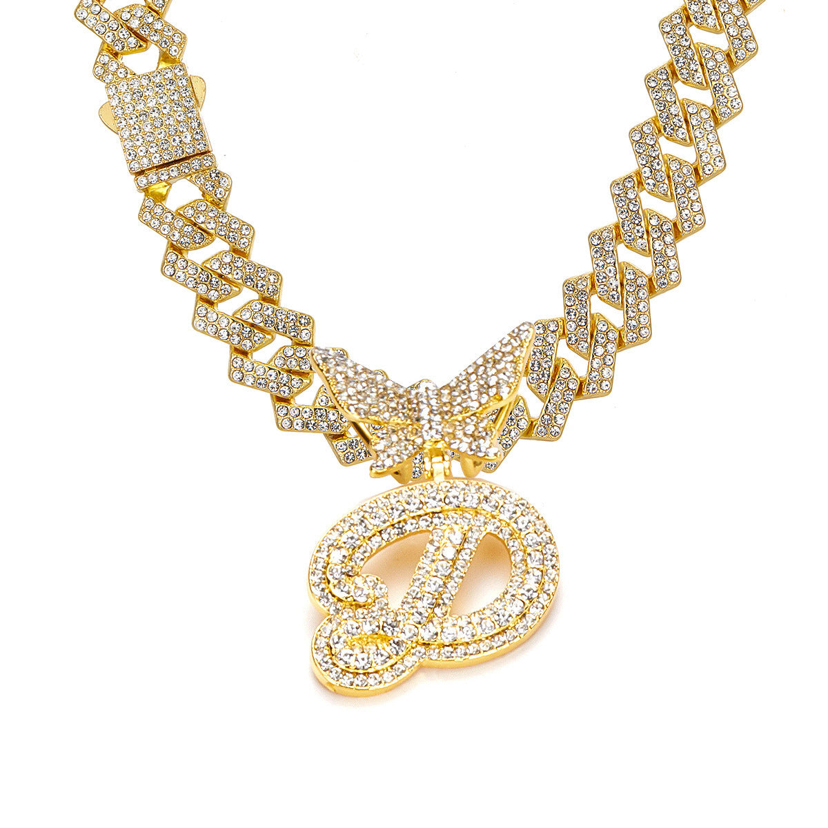 English Letter Alloy Rhinestone Pendant Necklace Butterfly