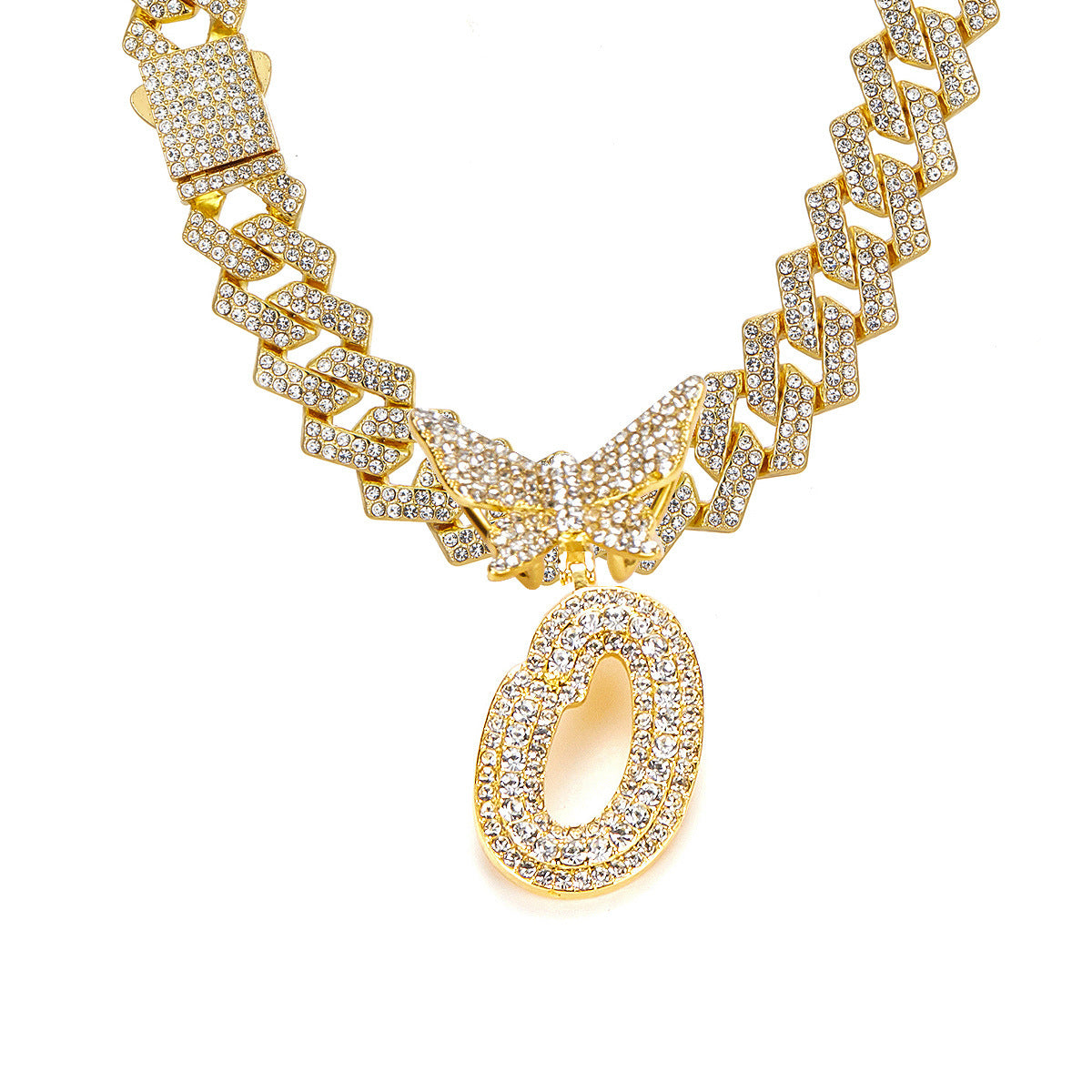 English Letter Alloy Rhinestone Pendant Necklace Butterfly