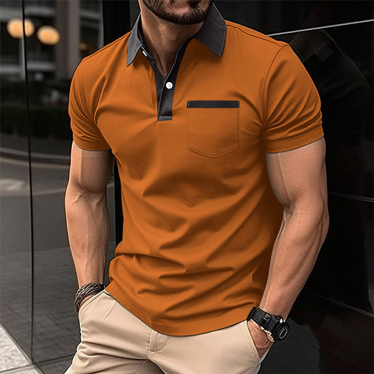 Lapel Fashion Slim Pocket Short-Sleeved T-Shirt Polo Shirt Men Clothing