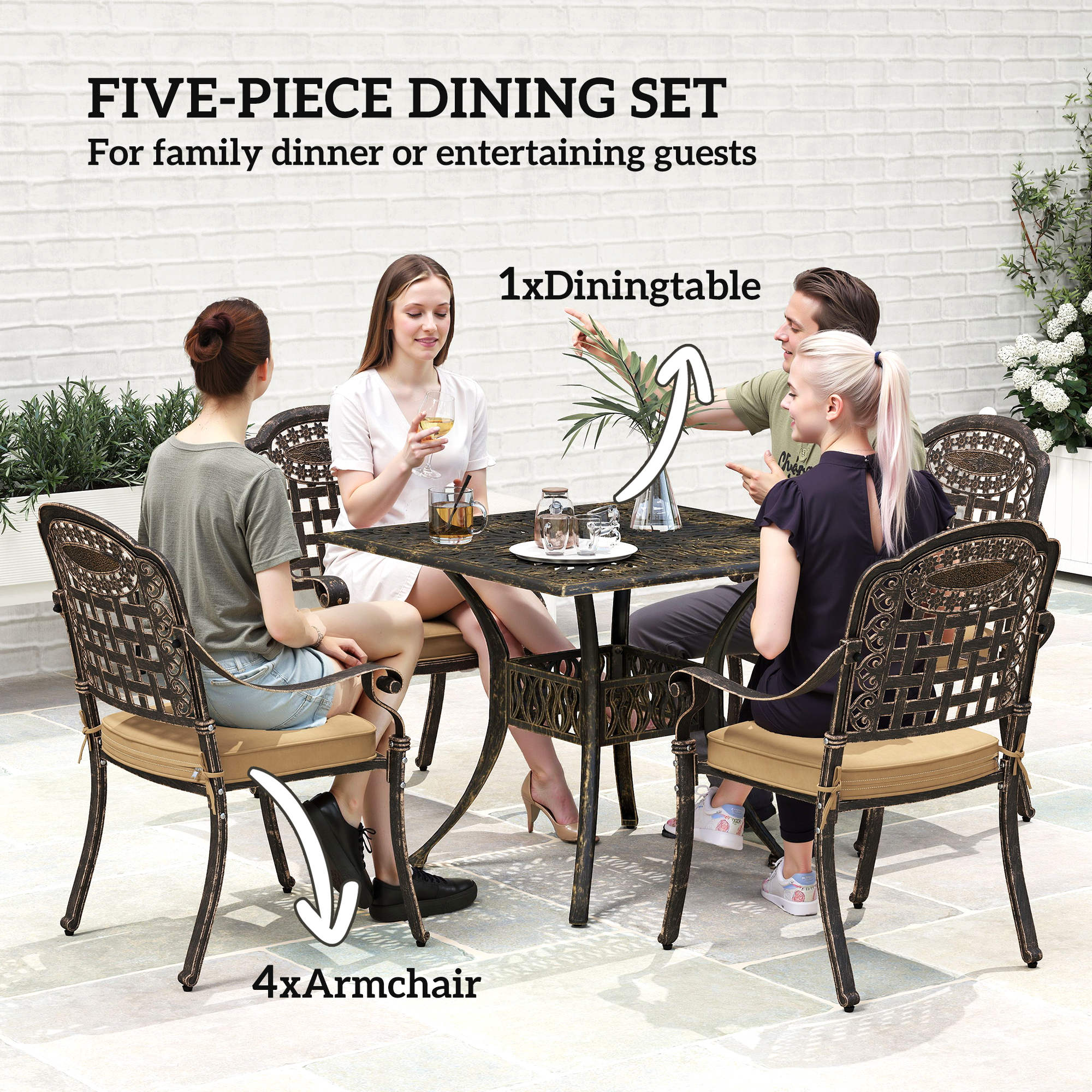 Five-Piece Cast Aluminium Garden Dining Set - Bronze Tone