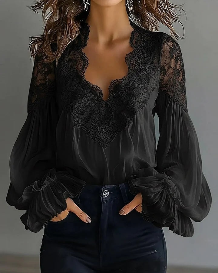 Ins Puff-Sleeved Blouse Fashion Elegant Ruffle Pleated Long-Sleeved Top Womens Clothing