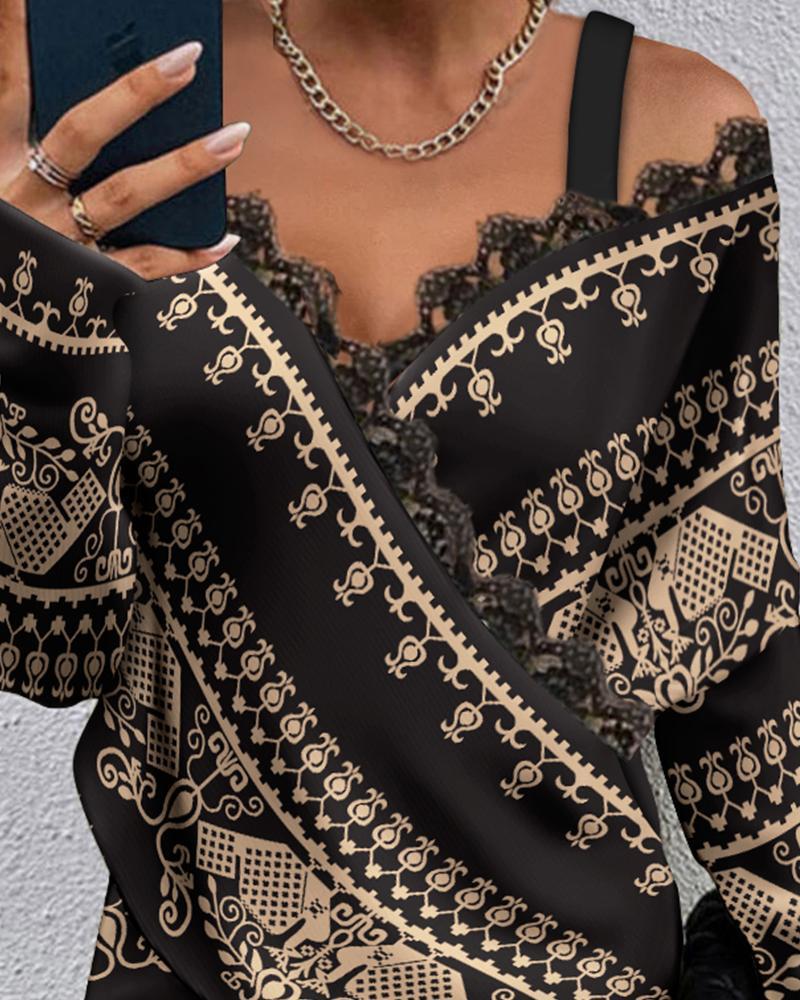 Lace Stitching Printed Long-Sleeved Top