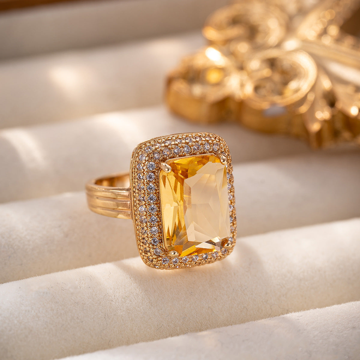 Square Zircon Yellow Diamond Crystal Ring