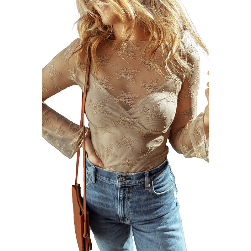 Slim-Fit Slimming Bottoming Shirt Women's Lace Long-Sleeved Top