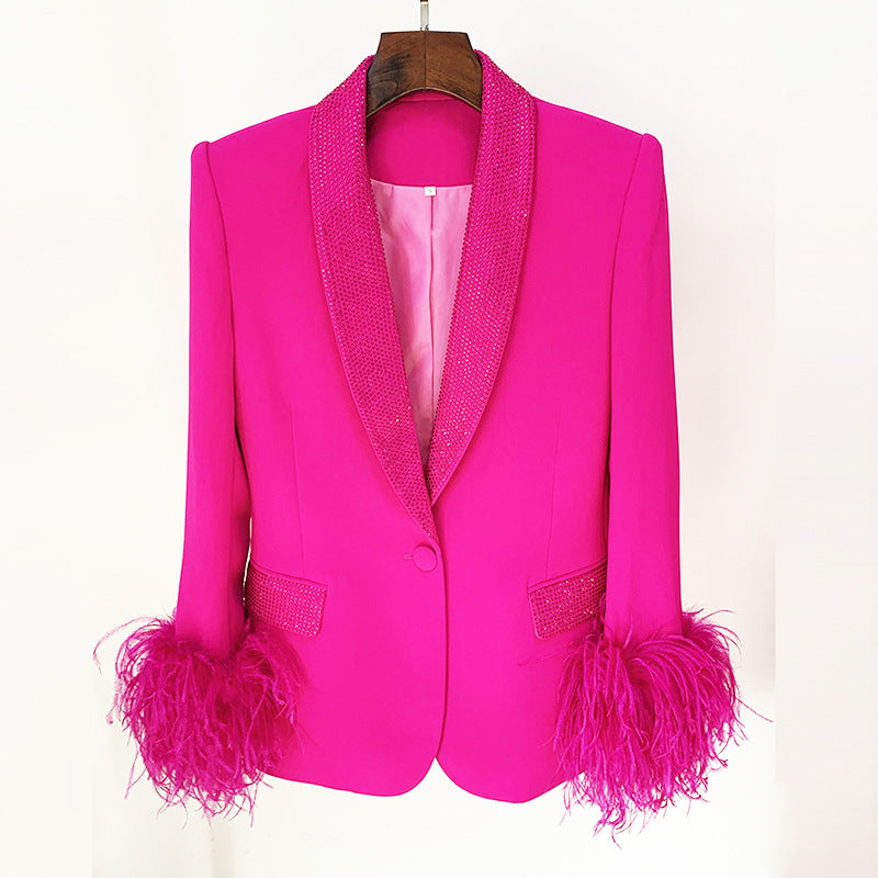 Ostrich Feather True Feathers Rhinestone Green Fruit Collar Suit Jacket