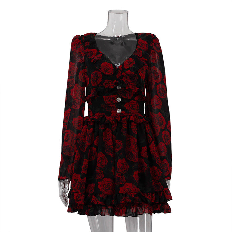 Printed V-Neck Long Sleeve Temperament Dress