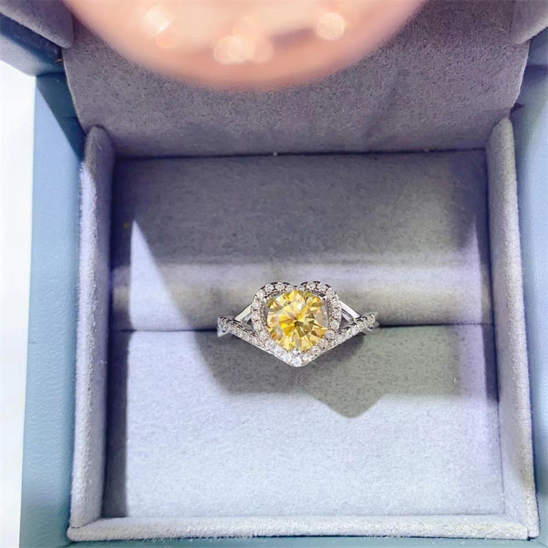 Yellow Moissanite Heart-Shaped Color Yellow Diamond Platinum Jewelry Ring