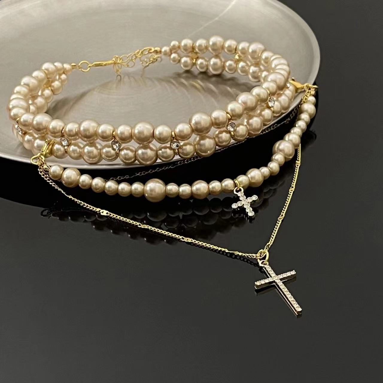 Women's Multi-Layer Pearl Cross Necklace