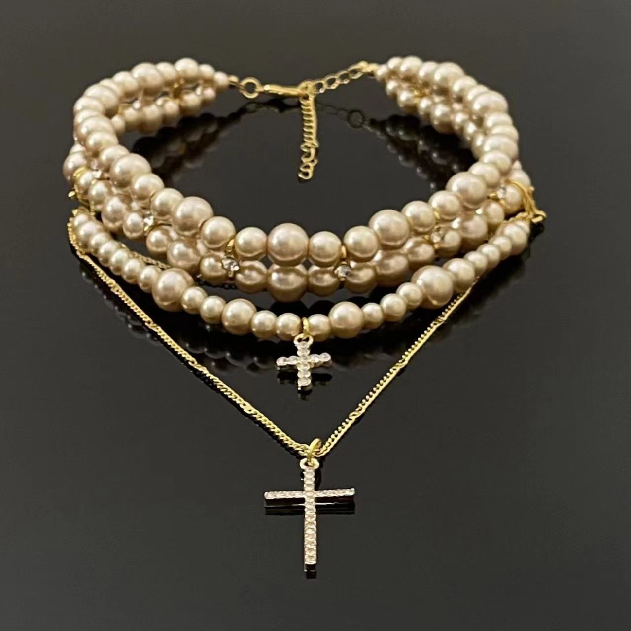 Women's Multi-Layer Pearl Cross Necklace