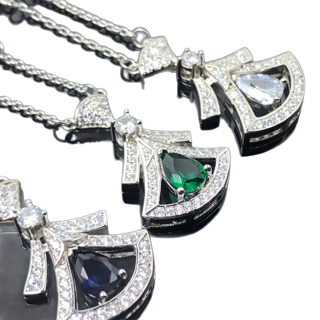 Fashionable All-Match Pear-Shaped Red and Blue Emerald Full Diamond Clavicle Chain