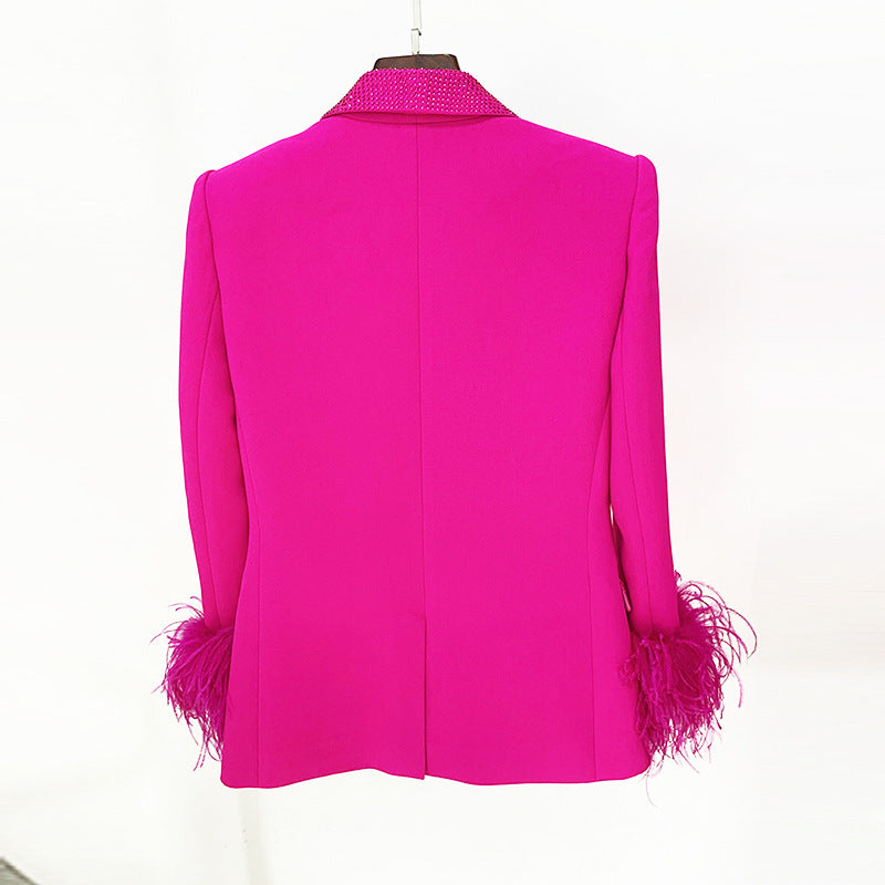 Ostrich Feather True Feathers Rhinestone Green Fruit Collar Suit Jacket