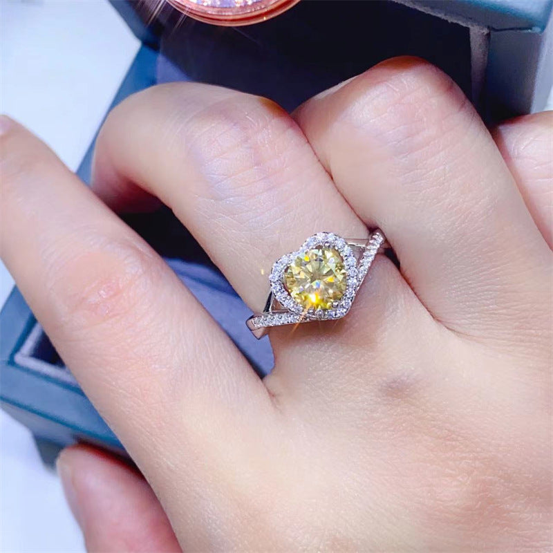 Yellow Moissanite Heart-Shaped Color Yellow Diamond Platinum Jewelry Ring