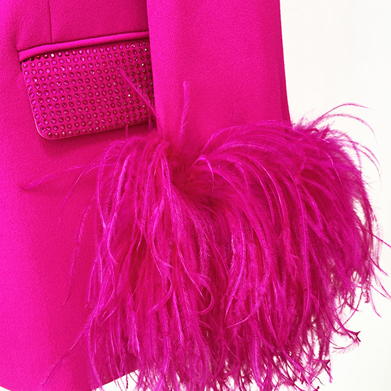 Ostrich Feather True Feathers Rhinestone Green Fruit Collar Suit Jacket