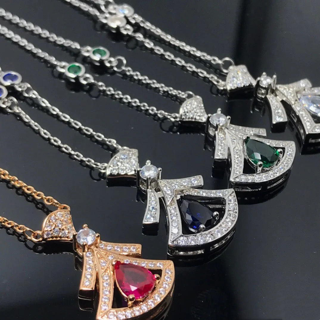 Fashionable All-Match Pear-Shaped Red and Blue Emerald Full Diamond Clavicle Chain