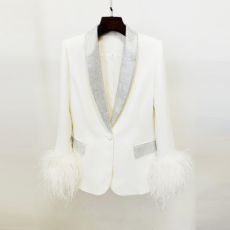 Ostrich Feather True Feathers Rhinestone Green Fruit Collar Suit Jacket