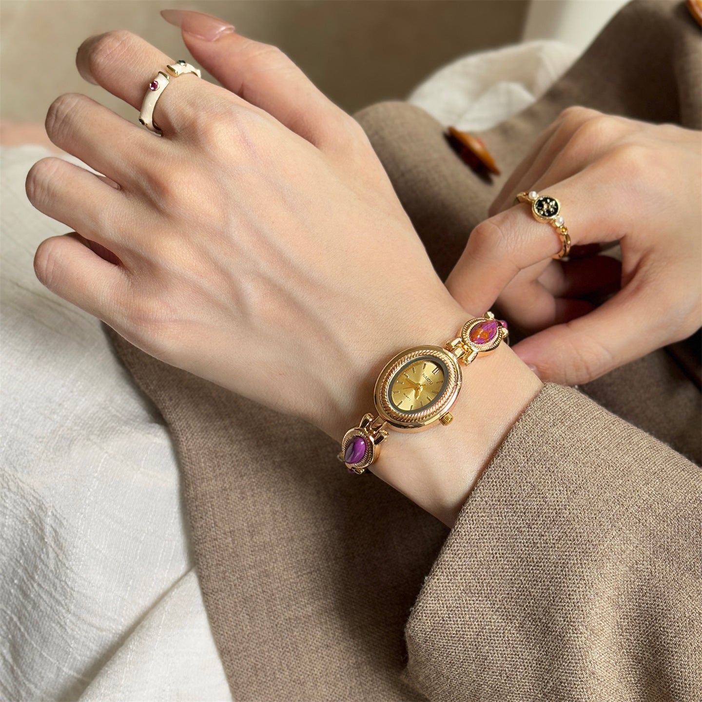 Women's Agate Bead Bracelet Watch