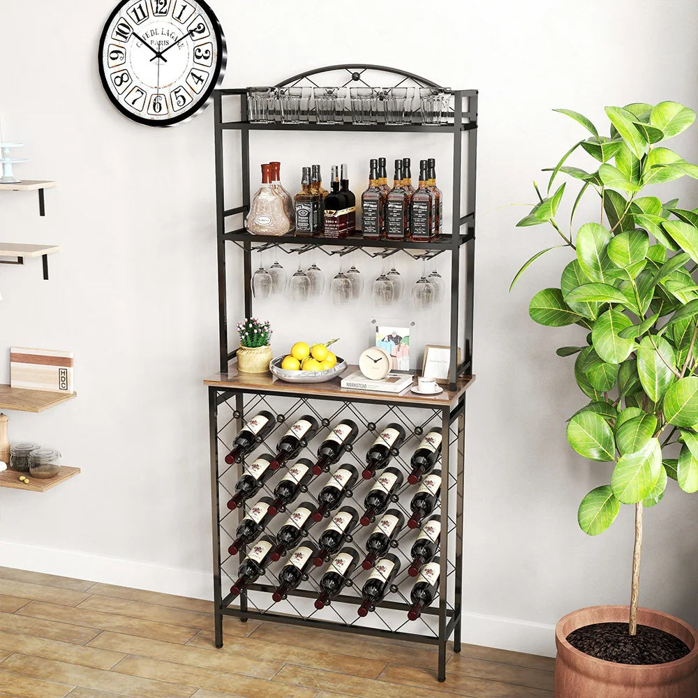 Freestanding Floor Wine Rack,Tall Wine Holder Stand With Wine Glass Holder,Storage Shelves