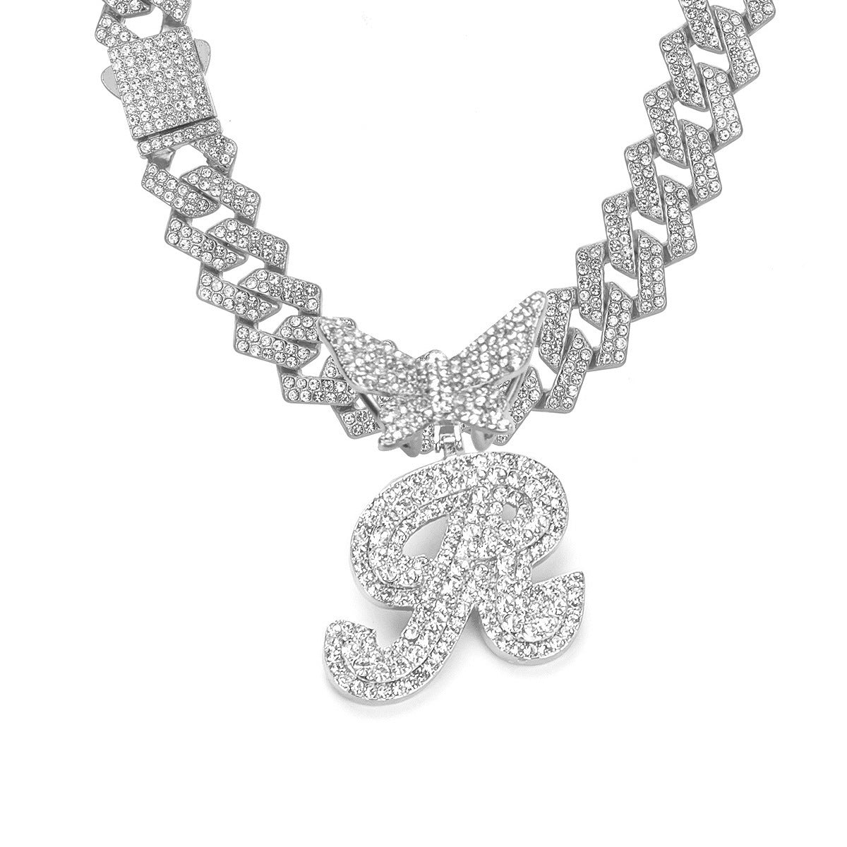 English Letter Alloy Rhinestone Pendant Necklace Butterfly