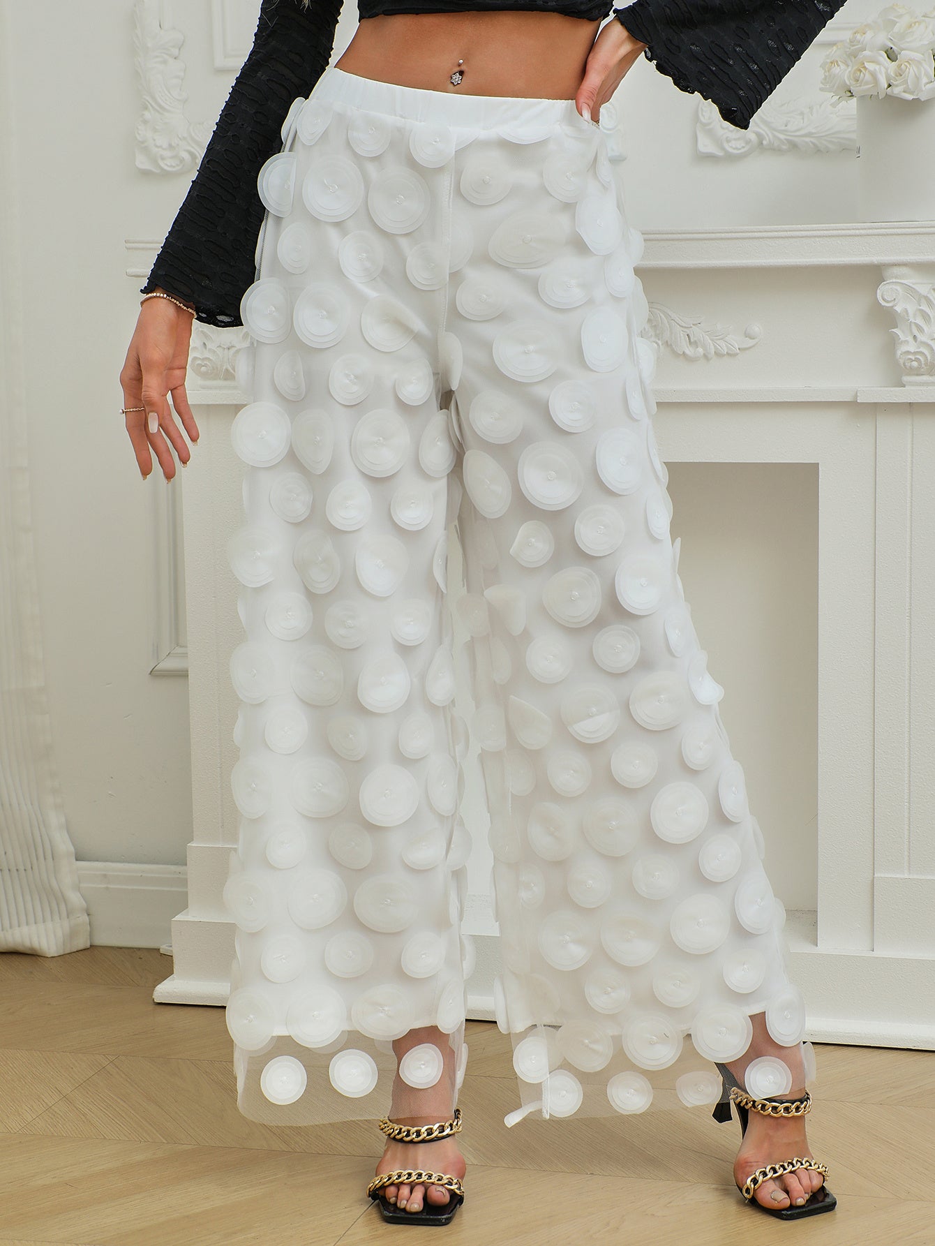 Fashionable Temperament Round Piece Design Tassel Hollowing High Waist Straight Ladies Pants