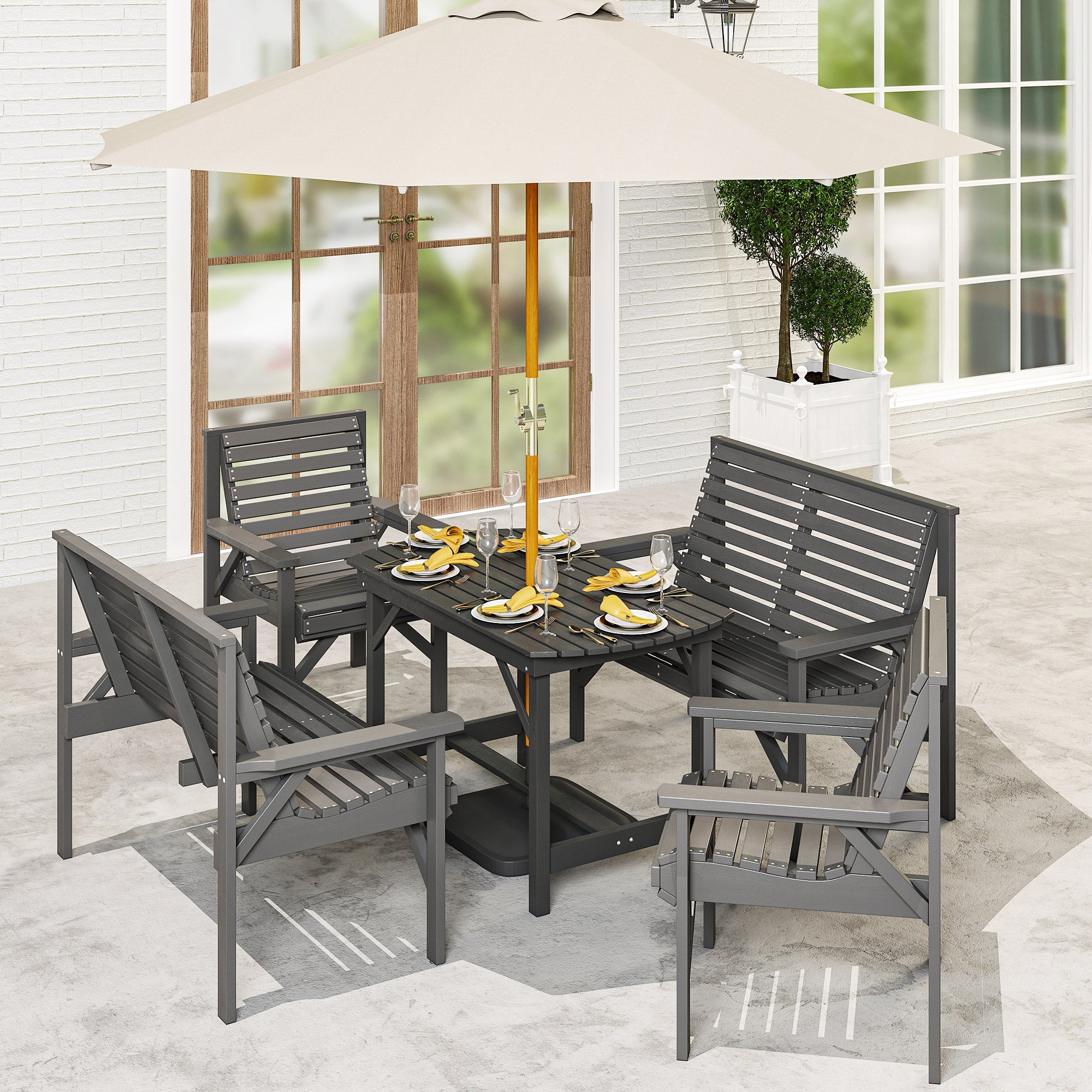 5 Piece Wooden Garden Dining Set For 6, Outdoor Conversation Set With 2 Armchairs, 2 Loveseats And Dining Table With Umbrella Hole For Patio, Balcony, Grey