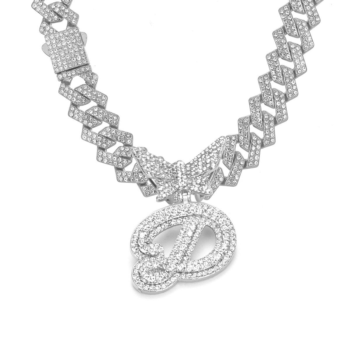 English Letter Alloy Rhinestone Pendant Necklace Butterfly
